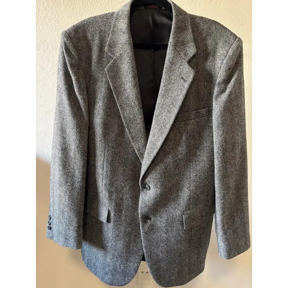 Barrington 100% Wool Blazer Sport Coat Jacket Black Gray White Herringbone 44L